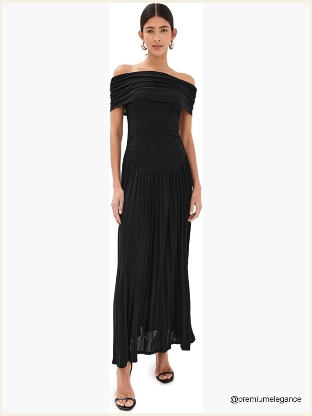 Lightweight Stretch Knit Maxi Dress Off Shoulder Pleated Skirt Casual